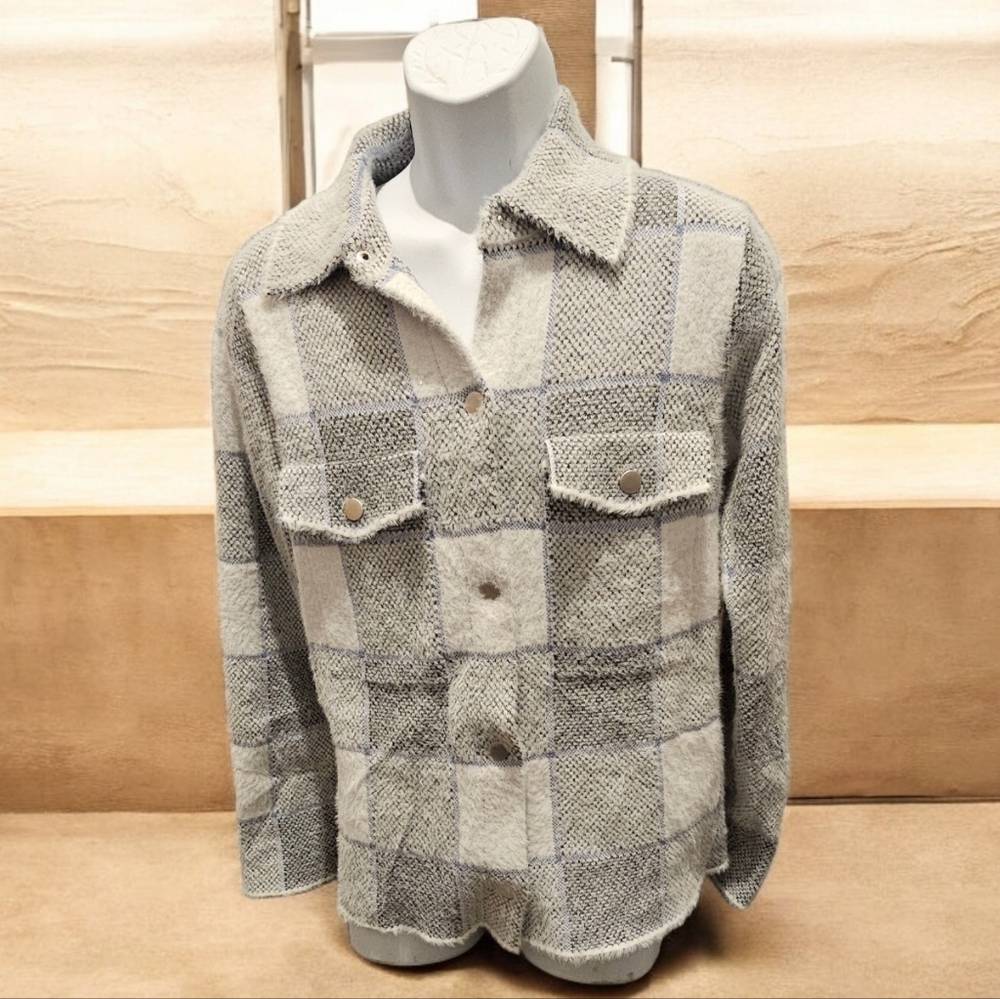 Rachel Zoe Plaid Checkered Shacket Button Down Gray XL